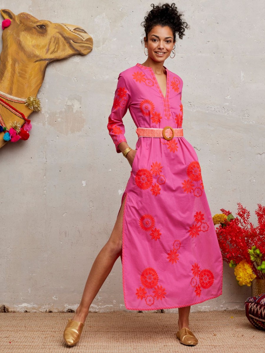 Kleidung Nimo With Love | Saphir-Kaftan, Lange Orangefarbene Blumenstickerei Auf Rosa