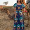 Kleidung Nimo With Love | Malachit-Kaftan Mit Leo-Stickerei Auf Marineblau