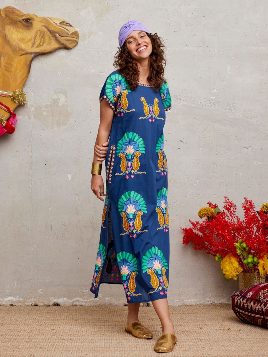 Kleidung Nimo With Love | Malachit-Kaftan Mit Leo-Stickerei Auf Marineblau