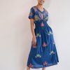 Kleidung Nimo With Love | Verbena-Kleid Mit Goldener Blumenstickerei Auf Marineblau