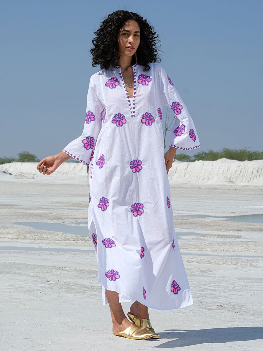 Kleidung Nimo With Love | Blauer Opal-Kaftan Mit Funky-Blumenstickerei Auf Weis