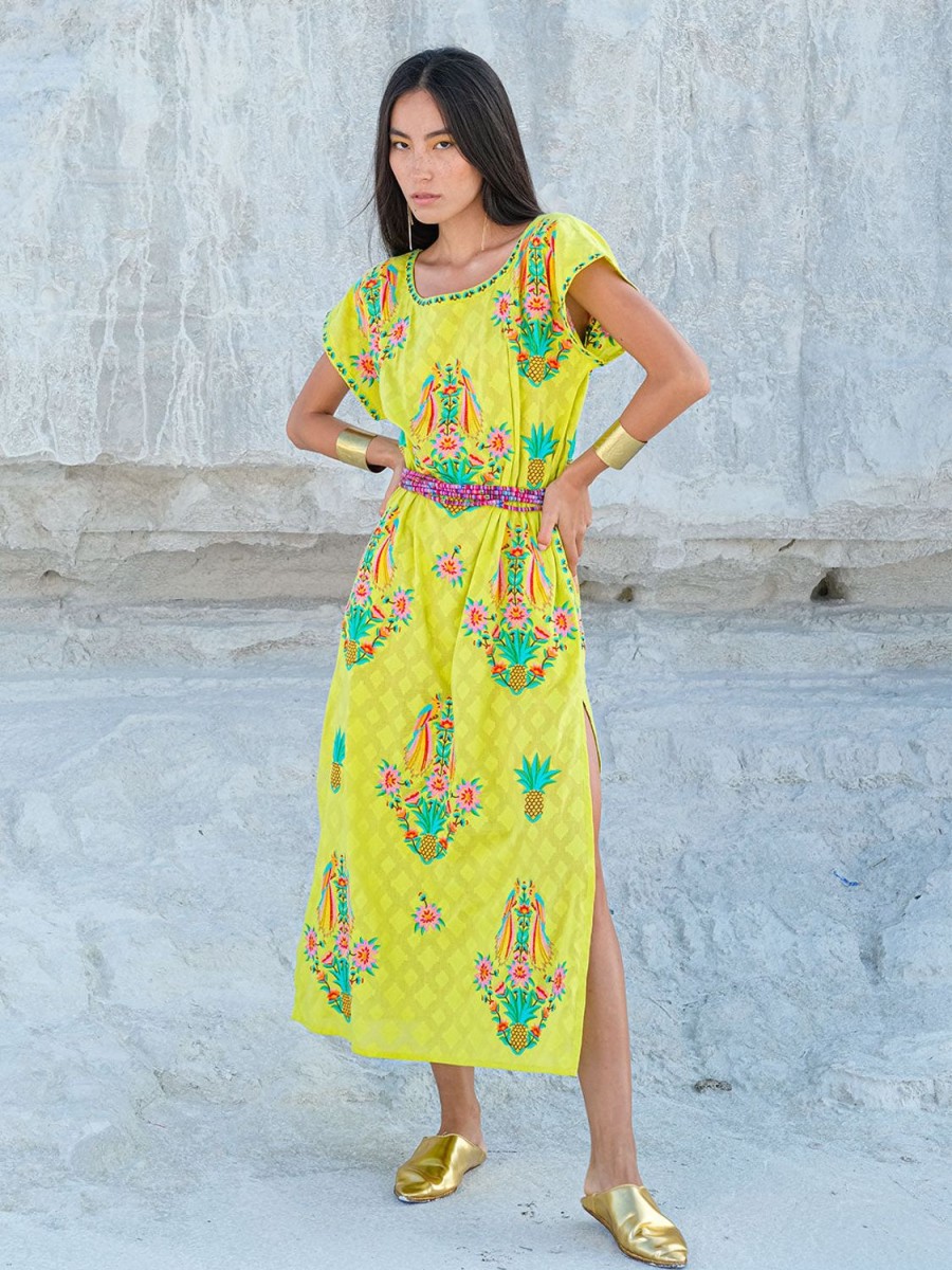 Kleidung Nimo With Love | Malachit-Kaftan Mit Papageien-Stickerei Auf Limetten-Jacquard