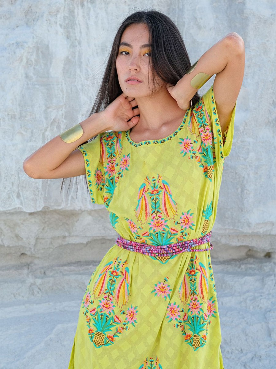 Kleidung Nimo With Love | Malachit-Kaftan Mit Papageien-Stickerei Auf Limetten-Jacquard