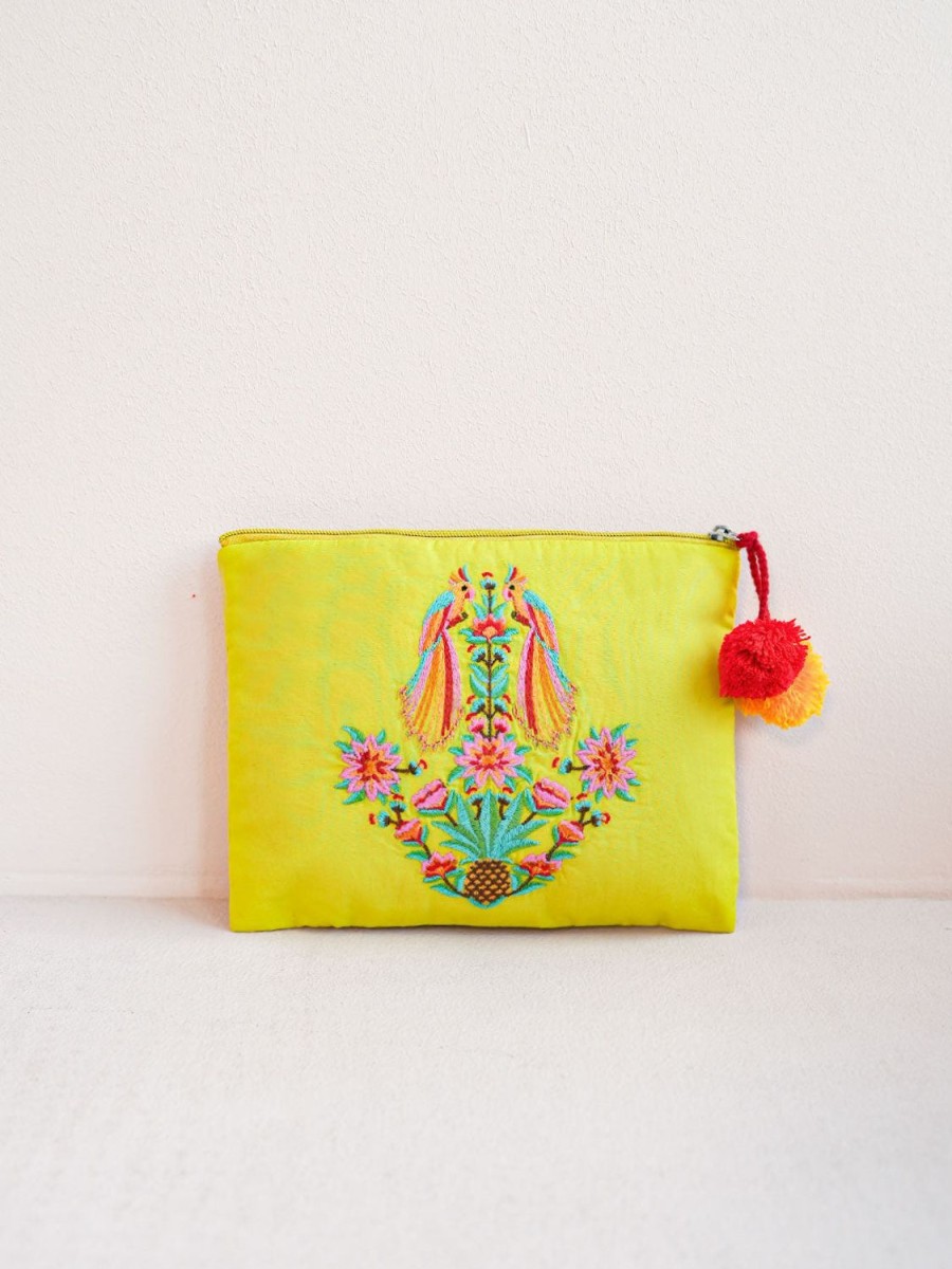 Taschen Nimo With Love | Ortiga-Tasche Mit Papageien-Stickerei Auf Limetten-Jacquard