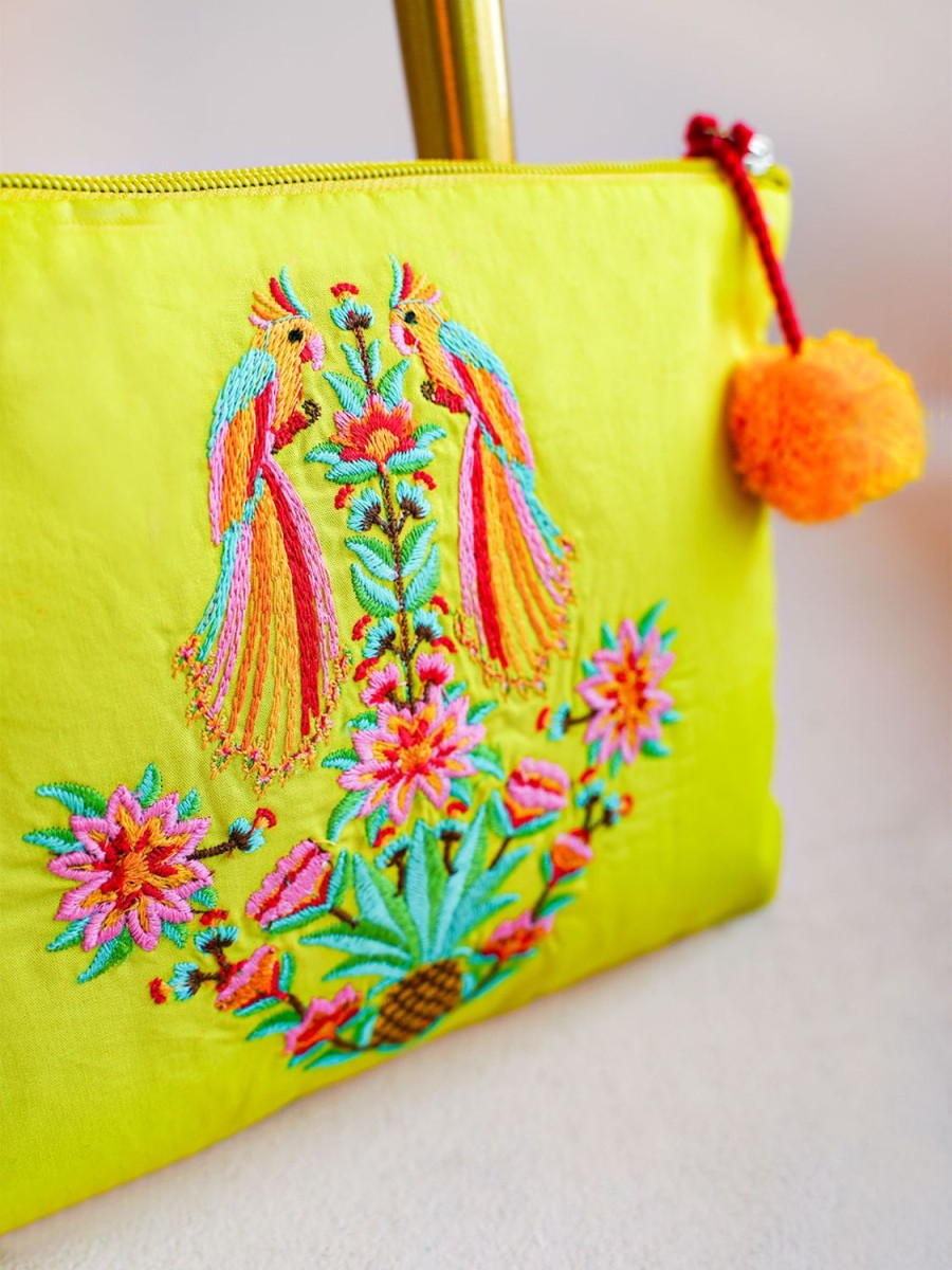 Taschen Nimo With Love | Ortiga-Tasche Mit Papageien-Stickerei Auf Limetten-Jacquard