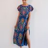 Kleidung Nimo With Love | Malachit-Kaftan Mit Goldener Blumenstickerei Auf Marineblau