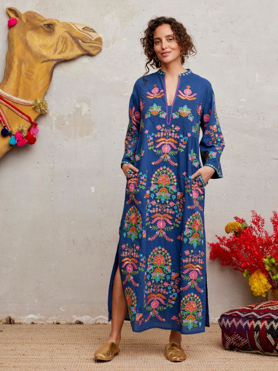 Kleidung Nimo With Love | Blauer Opal-Kaftan Mit Goldener Blumenstickerei Auf Marineblau